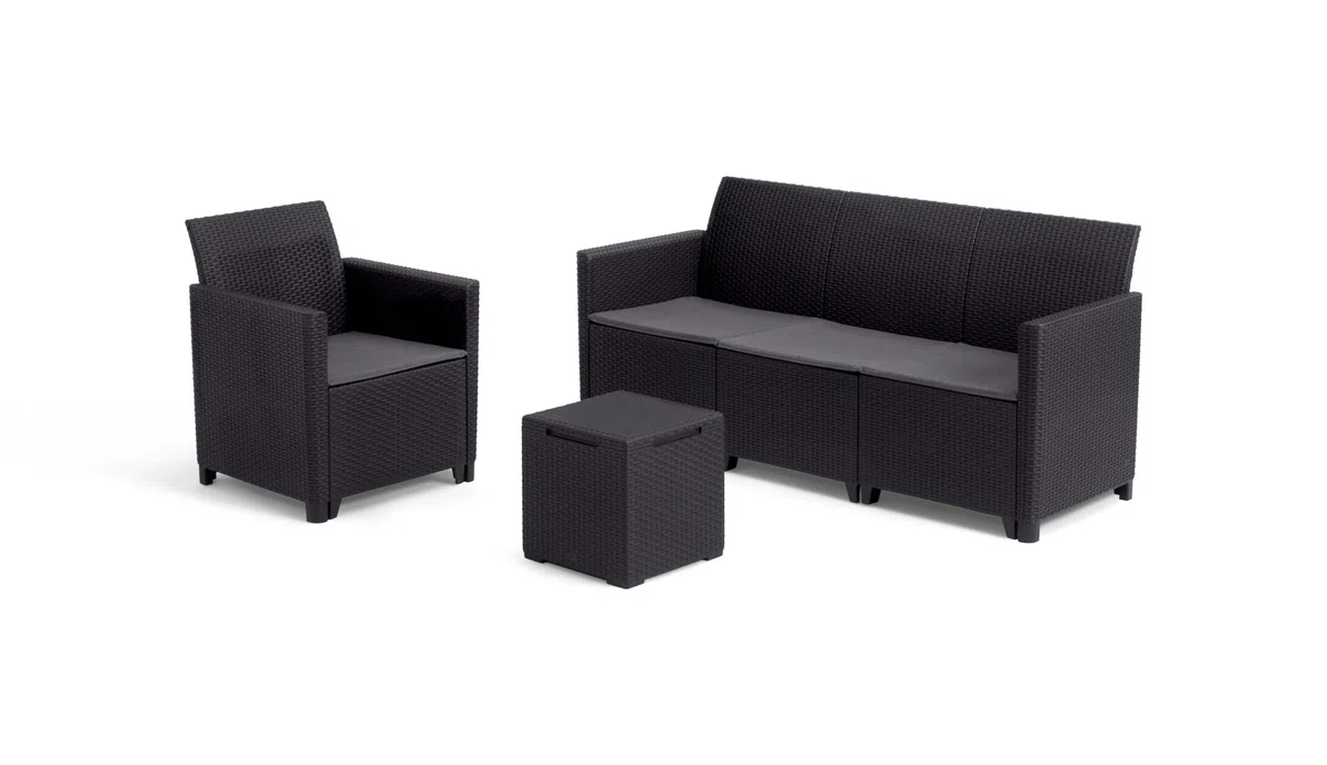 Keter Nora Conjunto de jardín Exterior 4 plazas con Cojines incluidos y Mesa de almacenaje Auxiliar de 35L, Posibilidad de 2 configuraciones de Montaje (2+2 o 3+1), Color Grafito