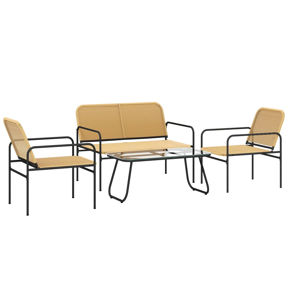 Outsunny Conjunto Jardín Exterior de Ratán, Muebles Jardín Exterior Resistentes a la Intemperie, Conjunto Terraza con Sofá de 2 Plazas, 2 Sillones, Mesa con Tablero de Vidrio Templado, Natural