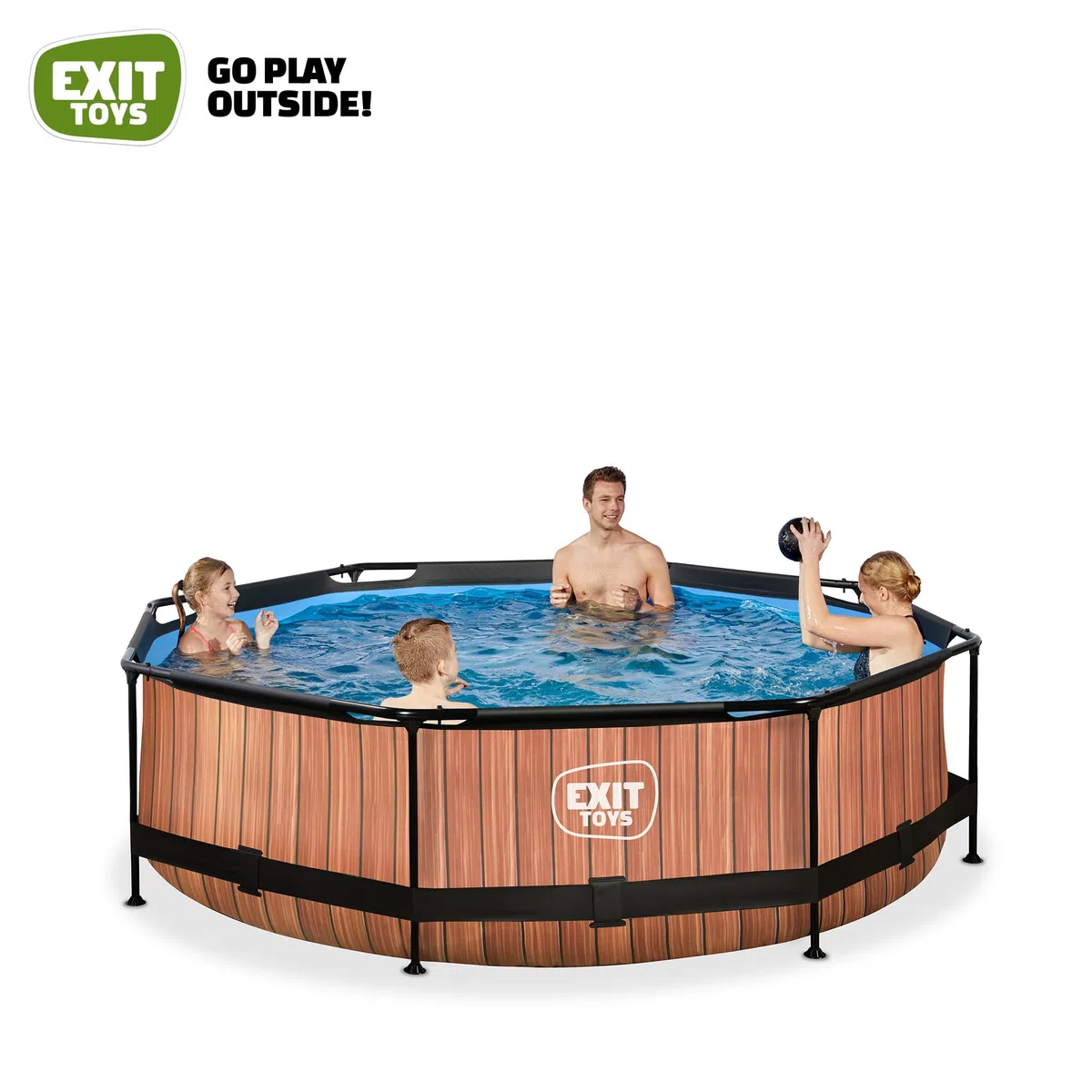EXIT Toys Wood Pool - ø300x76cm - Piscina de Marco Redondo con Bomba de Filtro de Cartucho - Fácil Acceso - Adecuada para Niños Pequeños - Marco Robusto - Diseño Único - Marrón