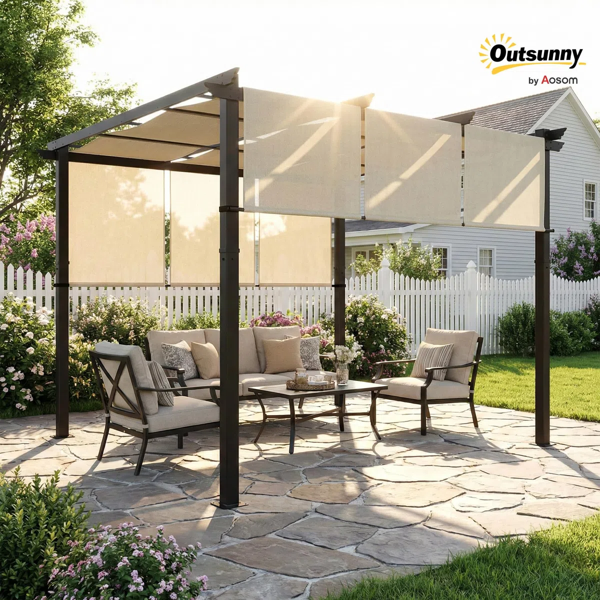 Outsunny Pérgola de Jardín 3x3 m Cenador para Exterior con Techo Retráctil Marco de Acero Impermeable y Anti-UV para Terraza Patio Beige