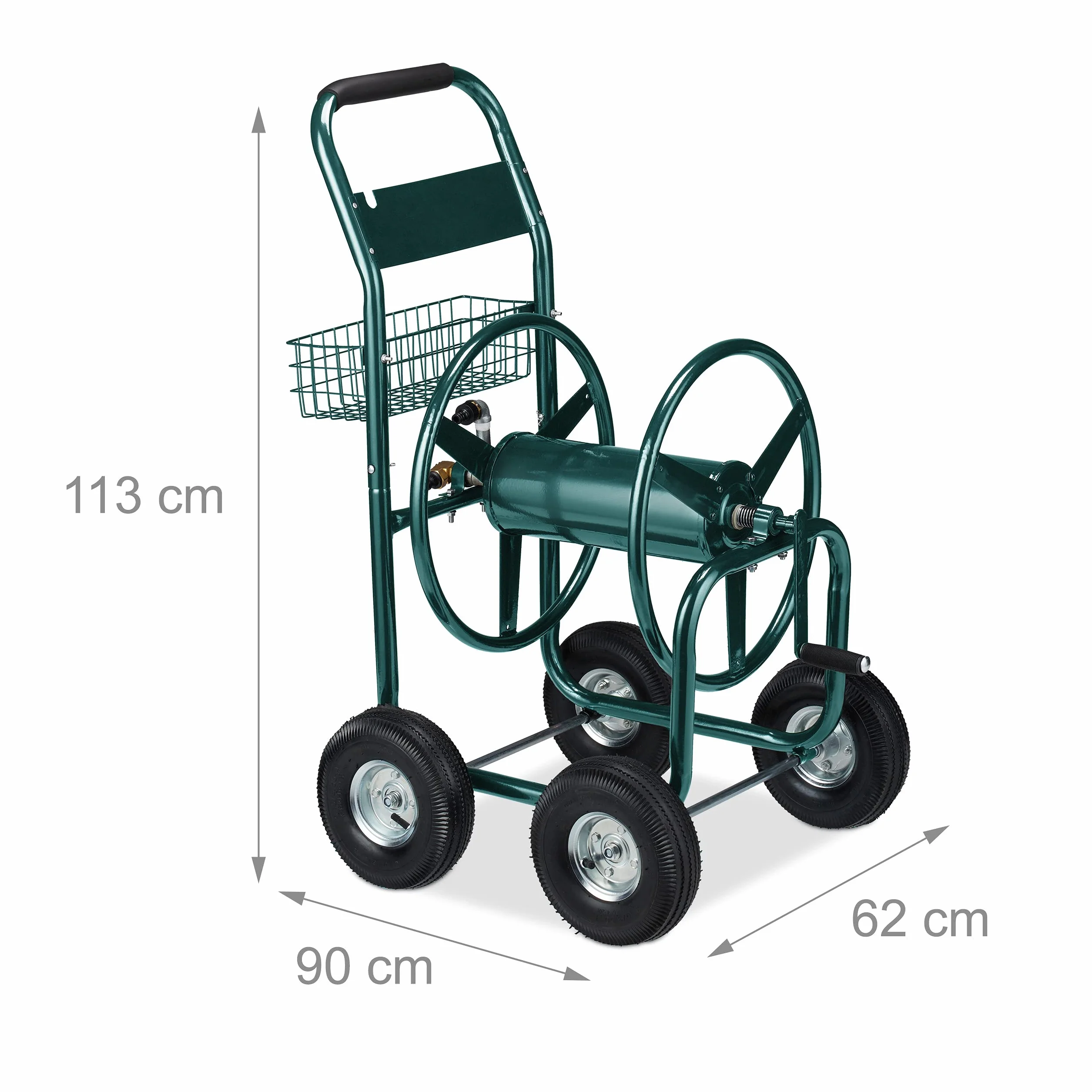 Relaxdays Carro Portamangueras, hasta 90 m, Acoplamiento por Clic, 4 Neumáticos, Cesta, Soporte Mangueras Metal, Verde