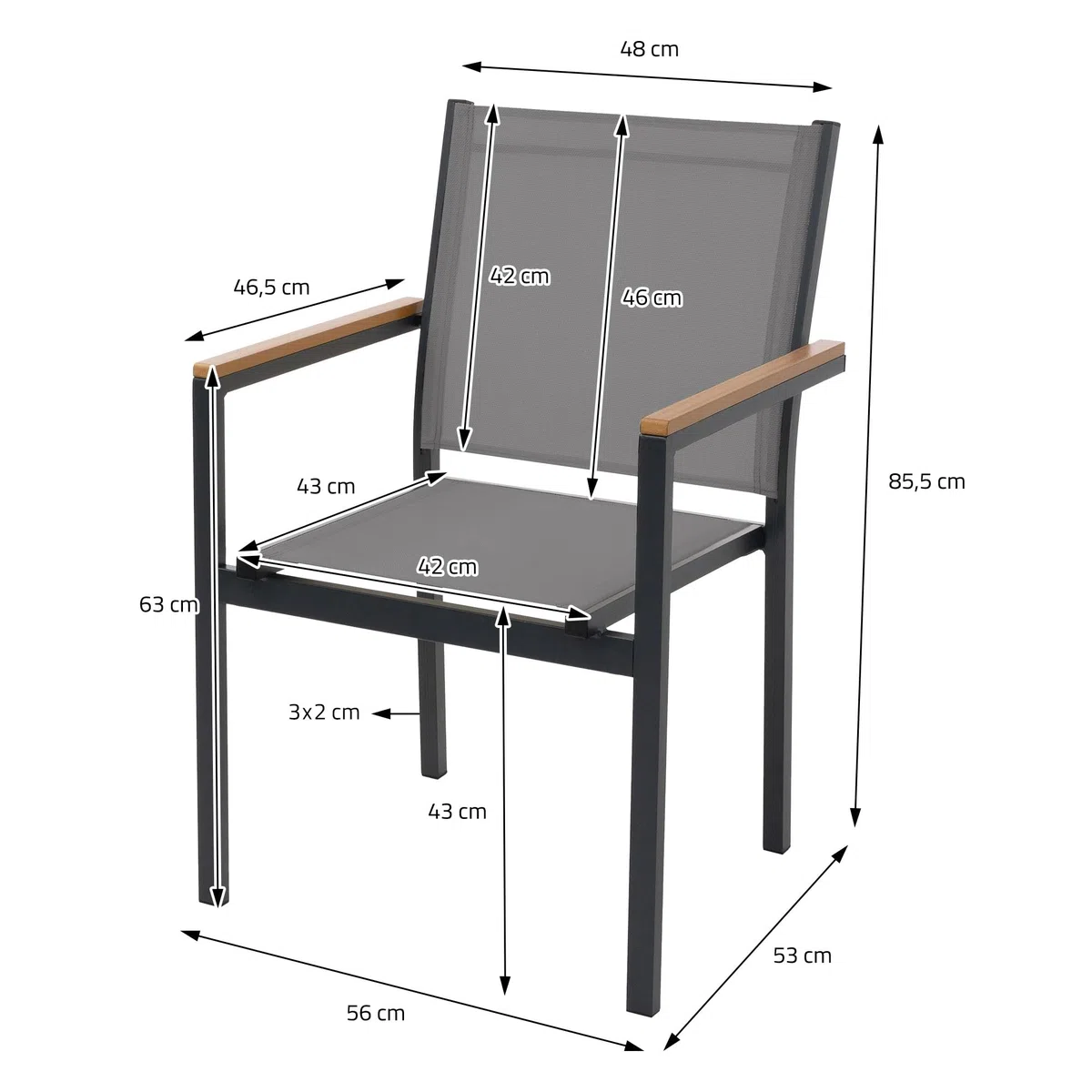 ML-Design Juego 2X Sillas de Jardín Gris Oscuro Asiento de Textilene para Terraza, Aspecto Madera y Estructura de Aluminio con Reposabrazos y Respaldo Mueble Apliable Resistente a la Intemperie