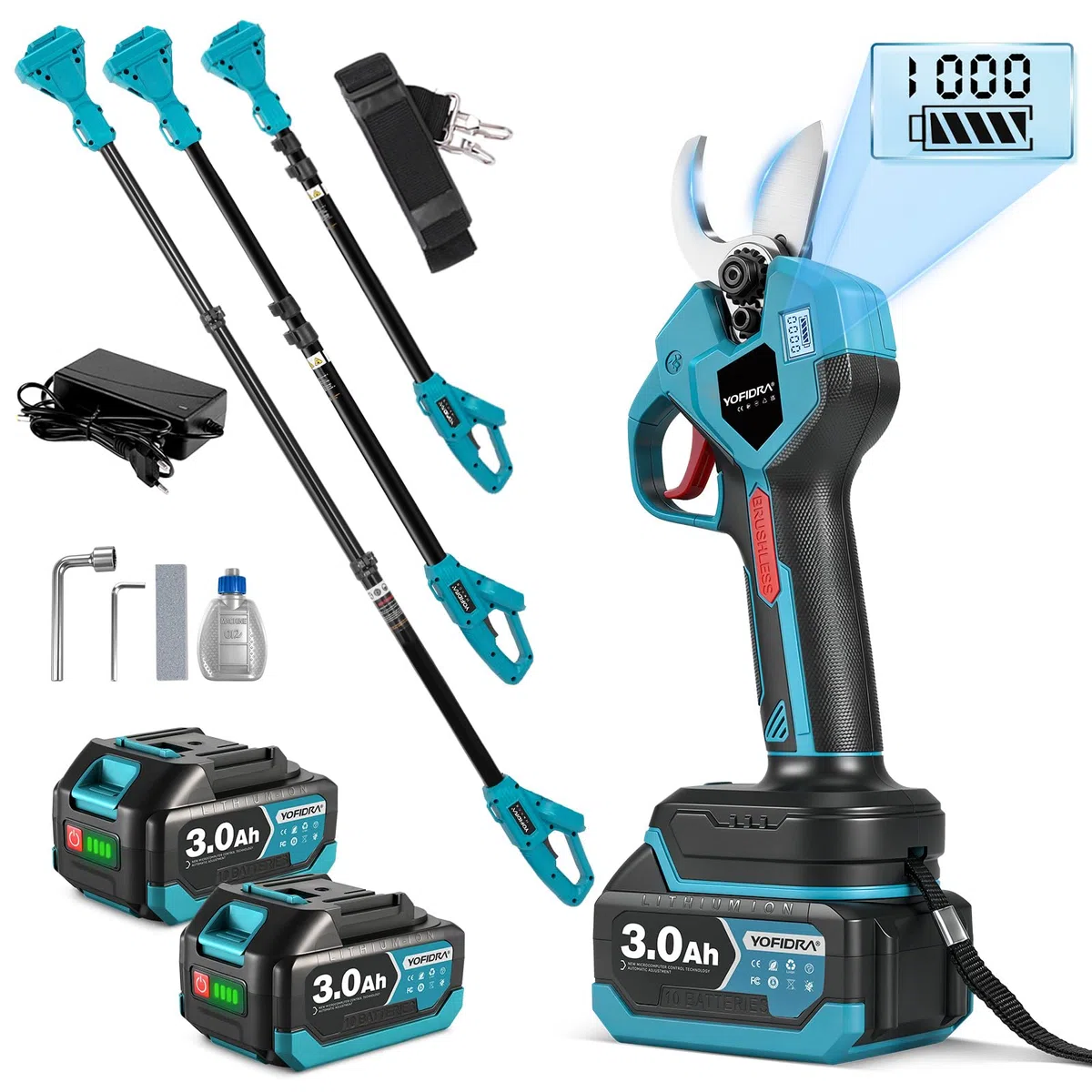 Yofidra Tijeras de podar telescópicas 2 en 1, motor sin escobillas, corte de 32 mm, tijeras de podar eléctricas con 2 baterías de 3,0 Ah, pantalla LCD, hoja SK5, mango telescópico de 1,2 – 2 m