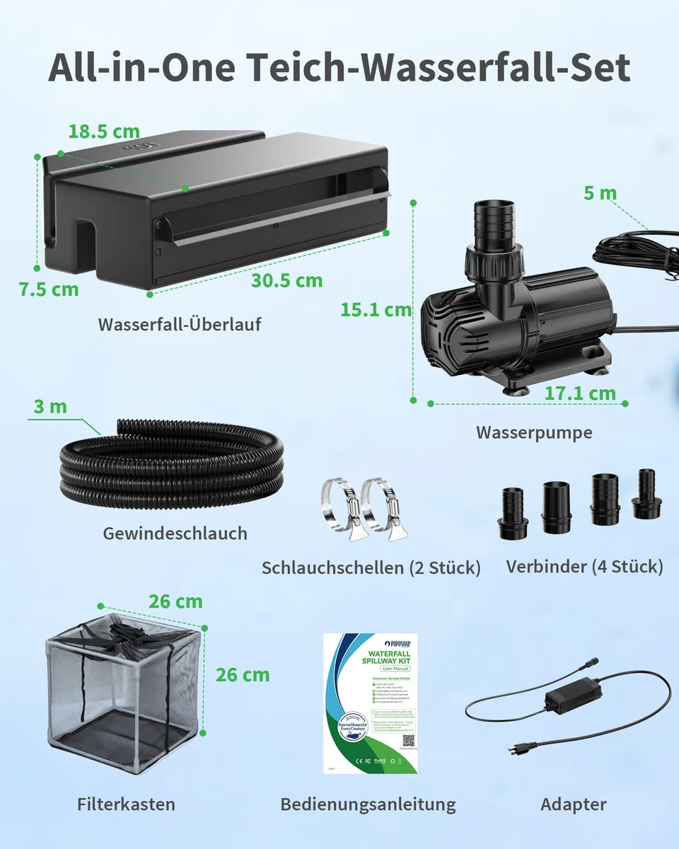 POPOSOAP Juego de cascada de estanque, todo en uno, estanque de jardín, cascada, rebosadero con bomba sumergible de 4600 l/h, caja de filtro y manguera para estanque de jardín, estanque de peces y