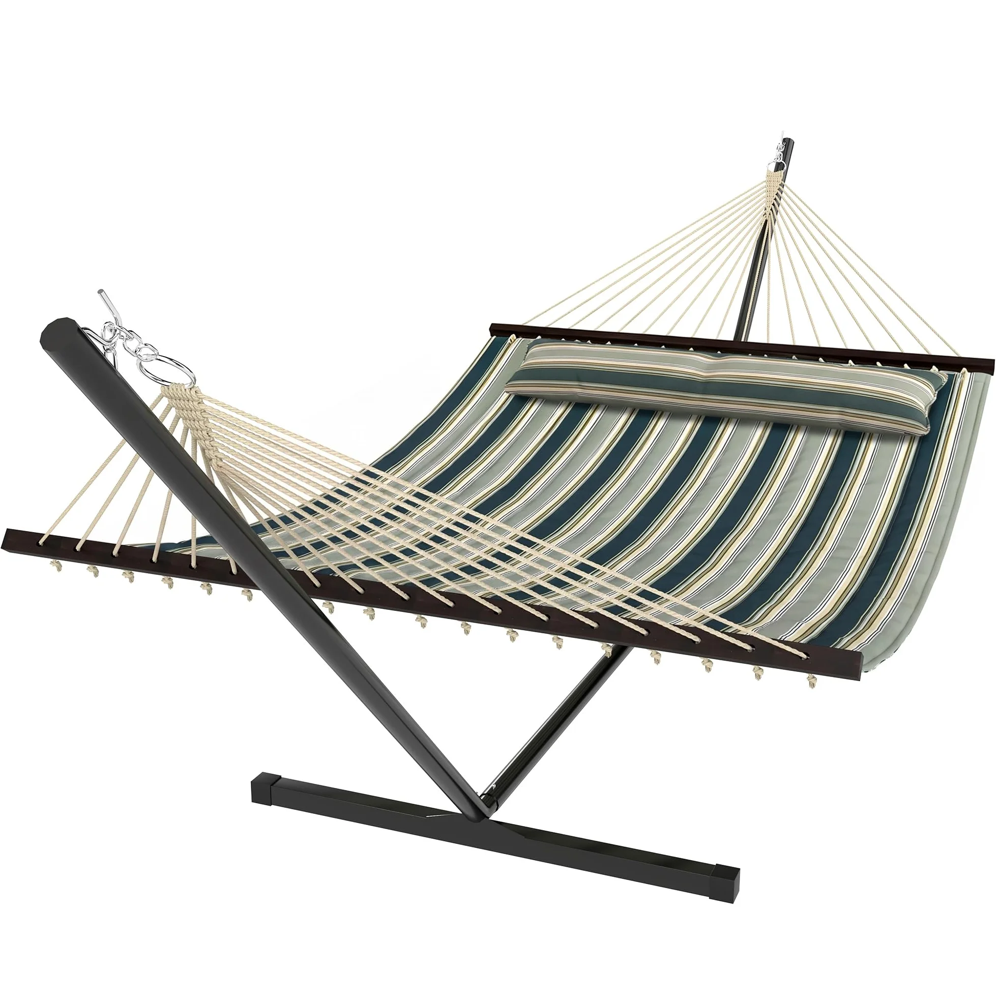 Outsunny Hamaca con Soporte, Hamaca de Jardín Portátil con Almohada Desmontable, Barras Separadoras, Marco de Acero, Carga 120 kg, para Patio, Terraza, Diseño Rayas, 353x94x115 cm, Verde