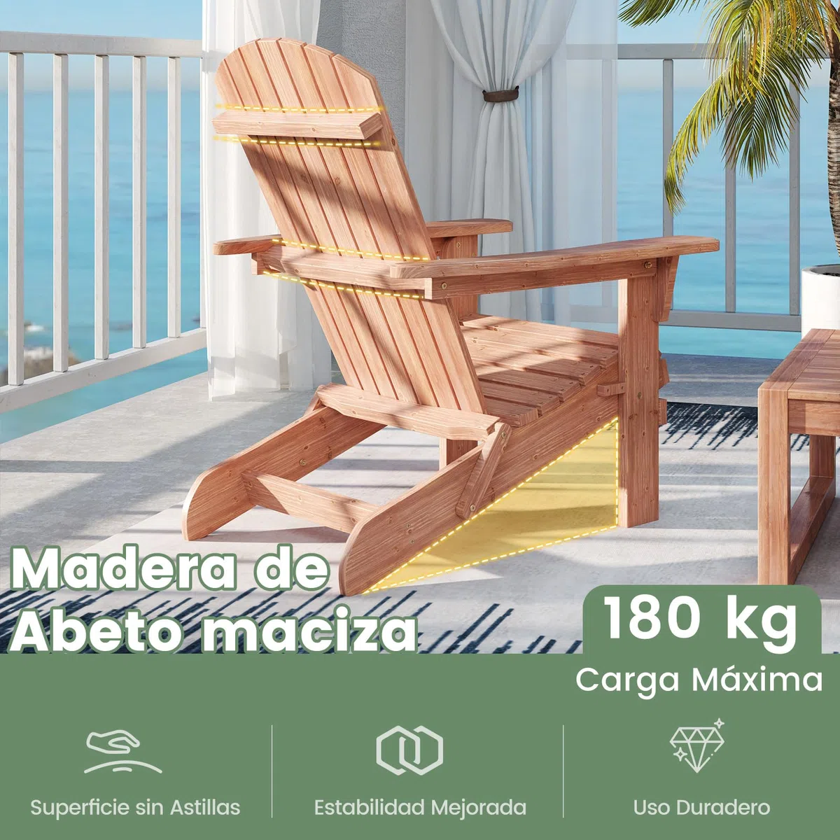 GIANTEX Juego de 1/2 Sillas Adirondack Plegables, Tumbona de Exterior con Estructura de Madera de Abeto, Respaldo Alto y Reposabrazos, Carga hasta 180 kg, Sillas para Patio, Jardín (1, Natural)