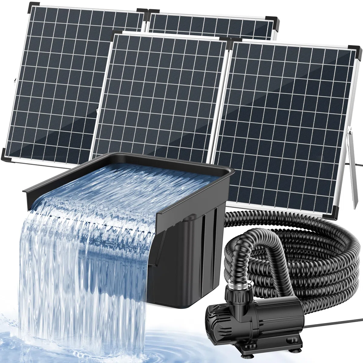 POPOSOAP Cascada Solar para Estanque con Panel Solar de 100W y Bomba de 4500 L/h, Tubo Corrugado de 3m, Material Filtrante, Cascada para Estanque de Jardín Exterior, Arroyos