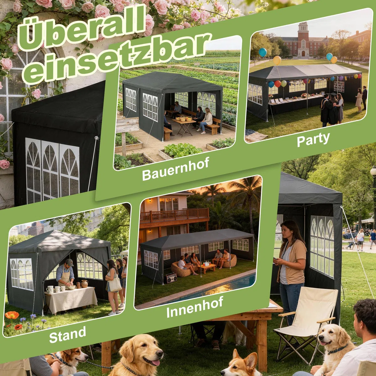 Aufun Carpa para fiestas, 3 x 6 m, resistente al agua, para jardín, exterior, protección UV, con 6 paredes laterales extraíbles y techo, resistente al invierno, camping, color antracita