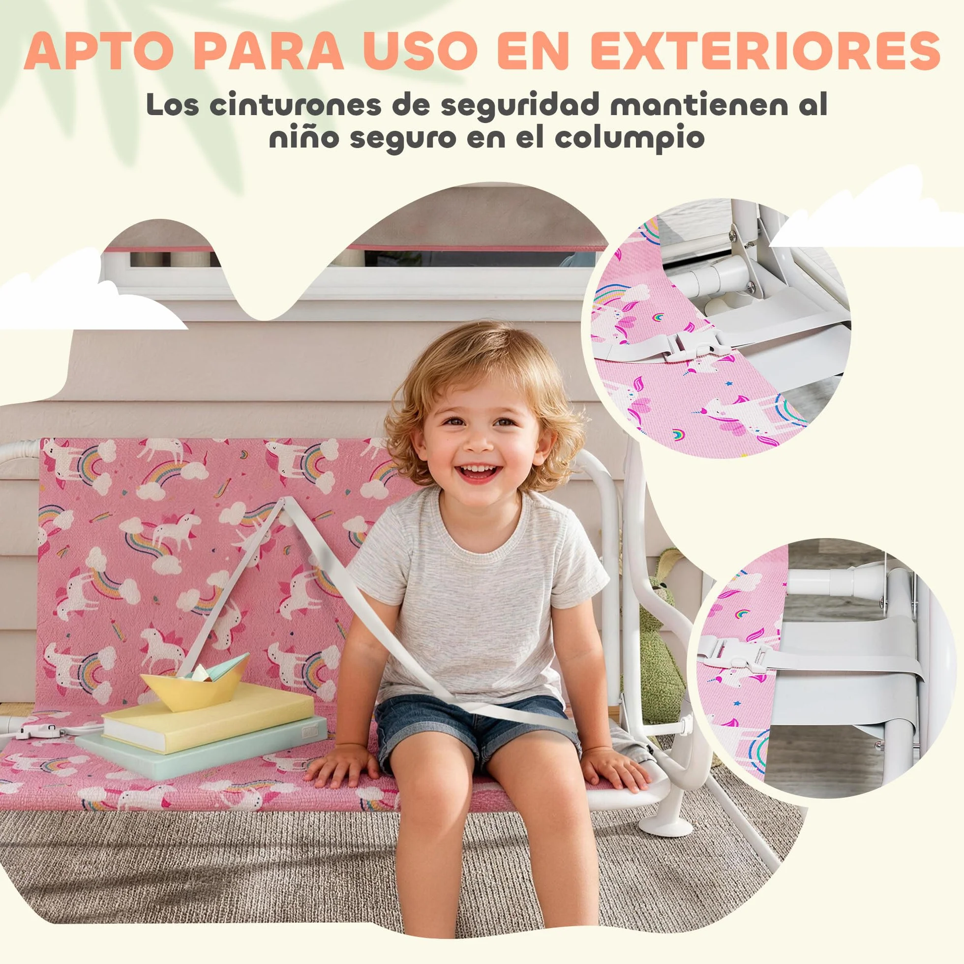 AIYAPLAY Columpio de Jardín Exterior para Niños de 2 Plazas, Balancín de Jardín, Toldo Ajustable, con Cinturones de Seguridad, Diseño de Unicornio y Arcoíris, para Interior, Patio, 112x75x120 cm, Rosa