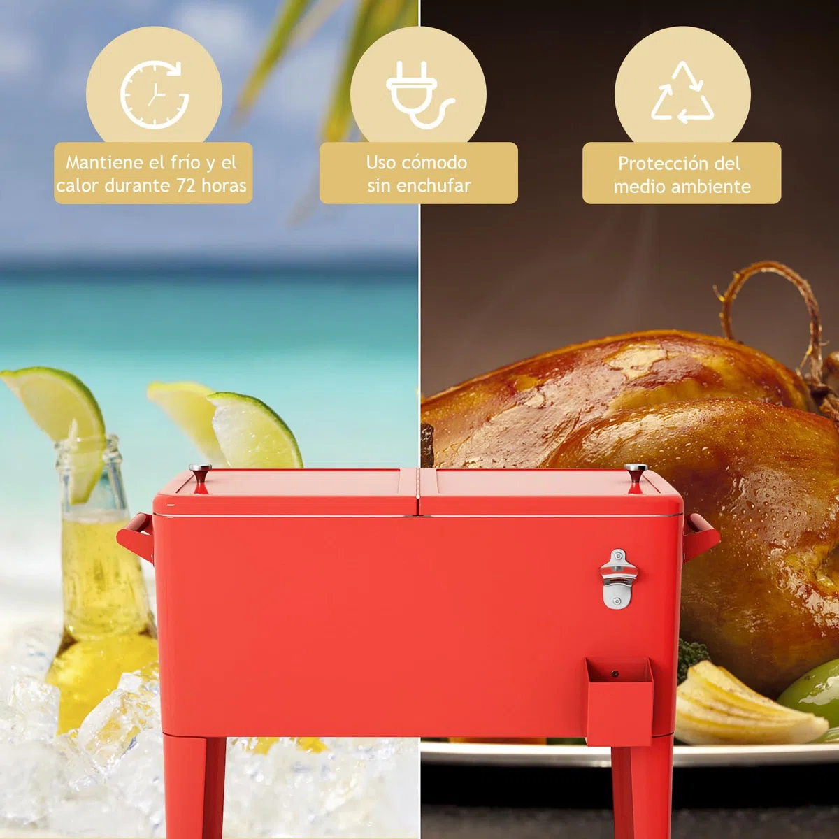 GYMAX Carro Refrigerador de 76 litros, Enfriador de Bebidas con 4 Ruedas Universales, Estante y Abrebotellas, Nevera con Doble Tapa, Caja Térmica, Enfriador de Bebidas para Jardín, Terraza
