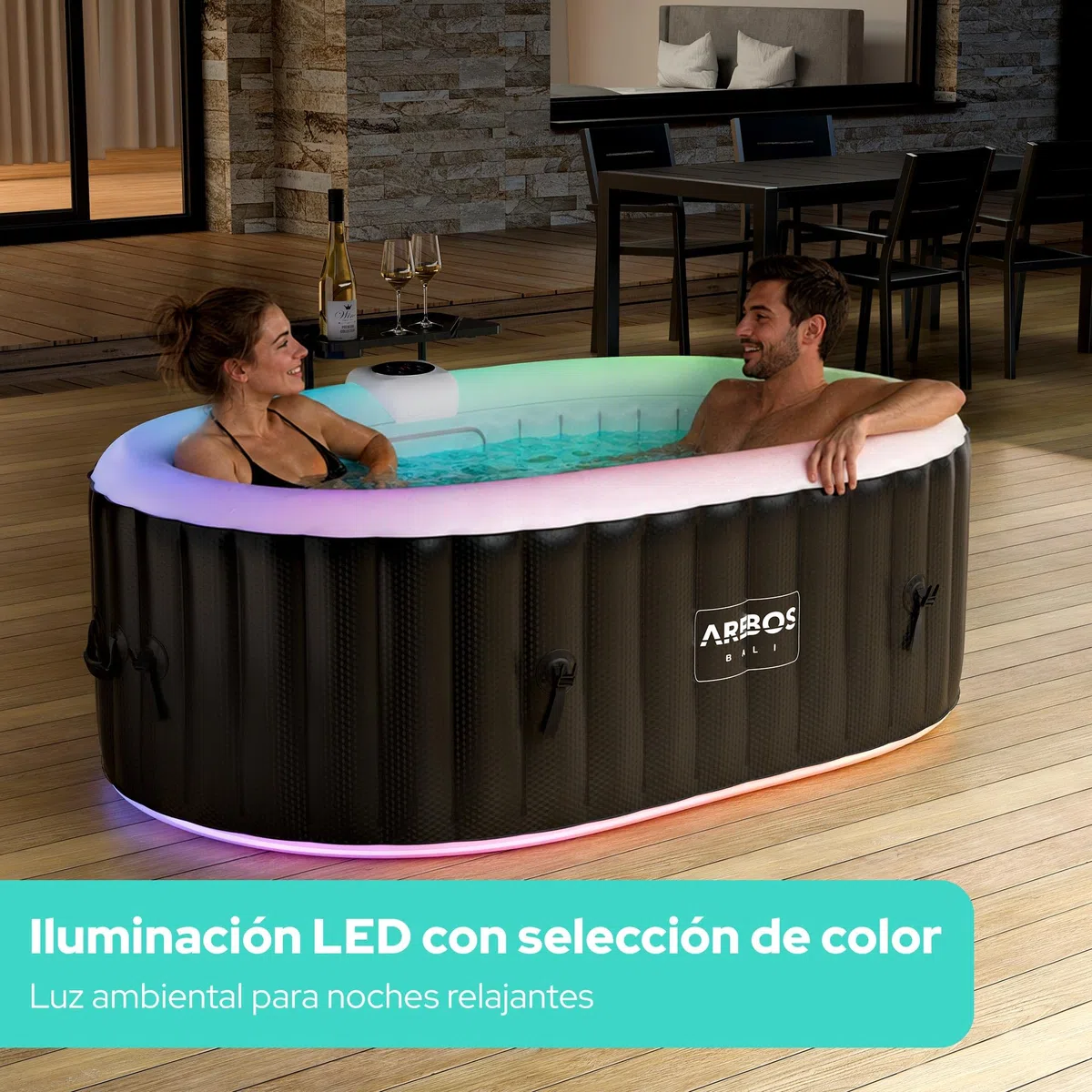 Arebos Bañera de hidromasaje con iluminación LED | SPA Hinchable | Interior y Exterior | 190x120 cm Ovalada | 2 Personas | 90 chorros de Masaje | con calefacción | 550 litros | Incl. Cubierta