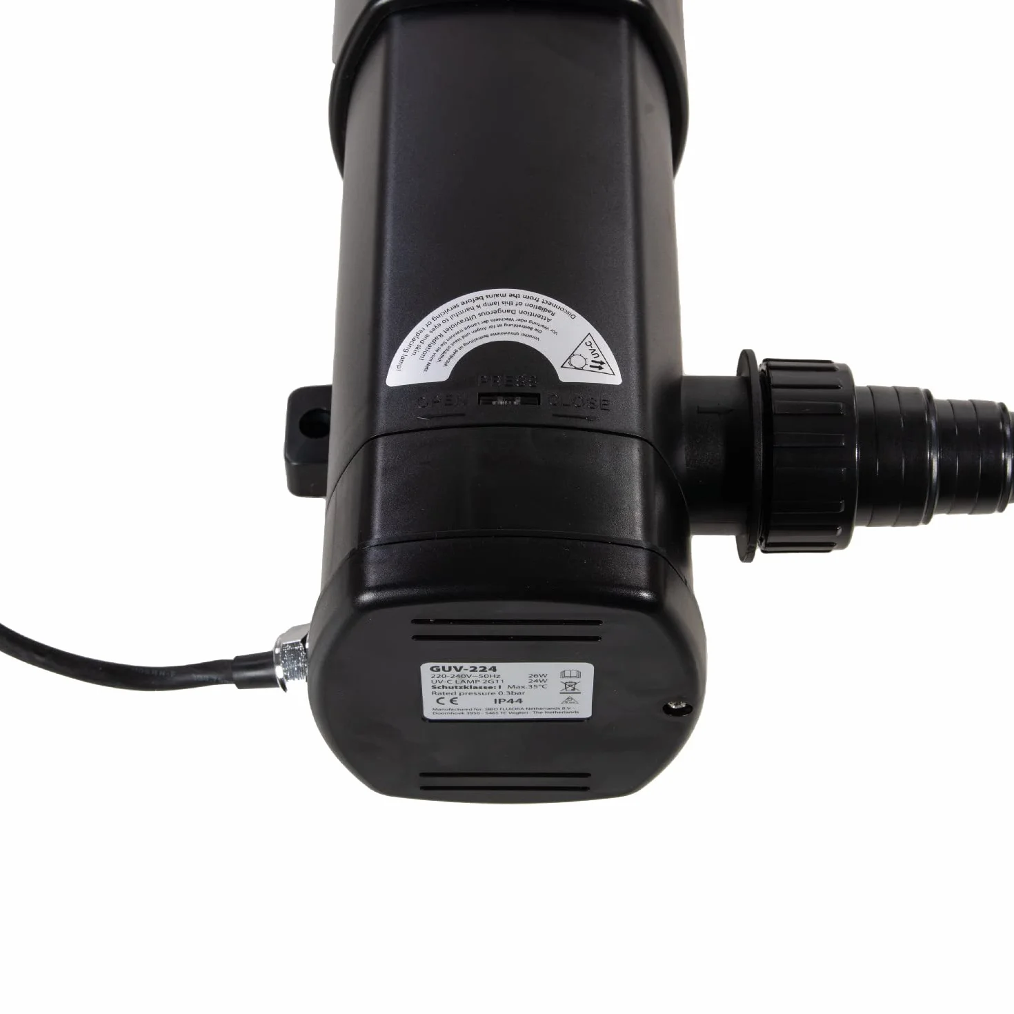 AquaForte GUV-236 UV-C, Estanque máx. 45 m³, Flujo máximo 6 m³/Hora, 36 W, Carcasa con Conector de Bloqueo rápido, 3 boquillas de Manguera de 20/25/32/40 mm y Visera UV, Interior en Forma de Helix