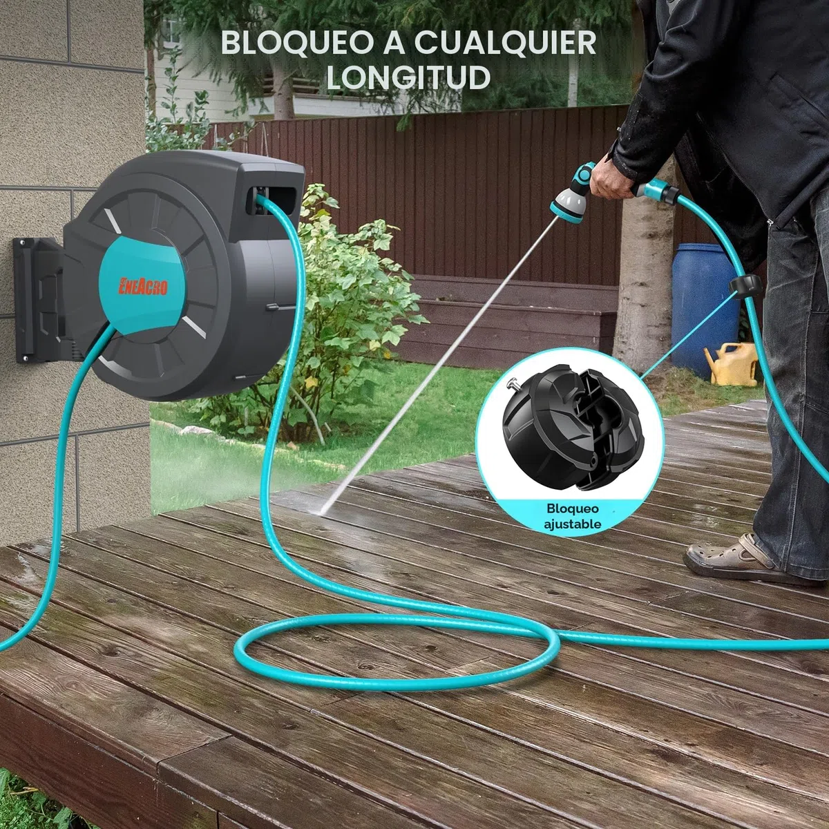 ENEACRO Enrollador Manguera Jardin de 35+2 m | Cartucho de manguera de pared con pistola pulverizadora de 10 funciones y función de enrollado automático, Garden Hose Reel