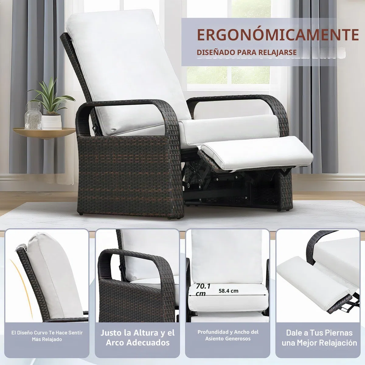 ART TO REAL Silla reclinable de Mimbre de Resina para Exteriores con Cojines