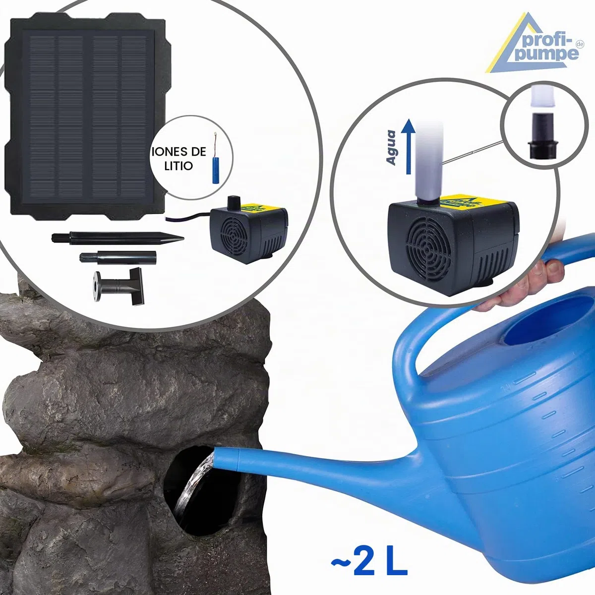 Fuente Solar Decorativa con Cascada y Luz de jardín - Bomba de Estanque para Patio, balcón con Inicio instantáneo, batería de Iones de Litio y luz LED