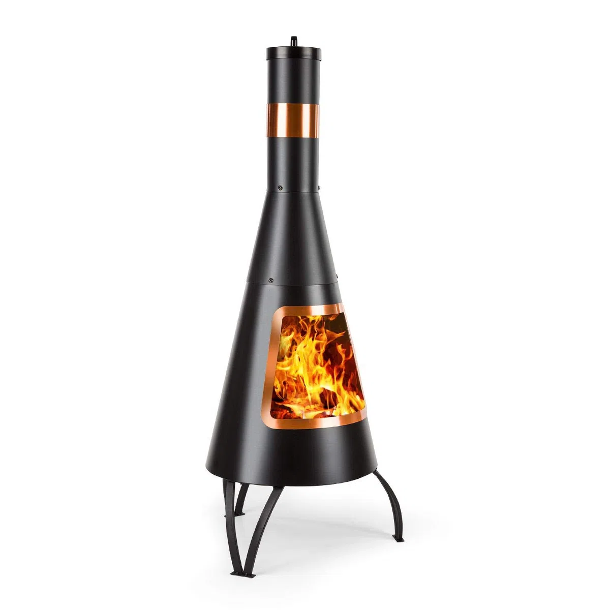 blumfeldt Volantis Cupric - Chimenea de Patio, Horno de terraza, FireView, Acero, Inoxidable, Diseño Moderno con Partes en Cobre, Estable, Antivuelco, Parrila para carbón y atizador, Negro