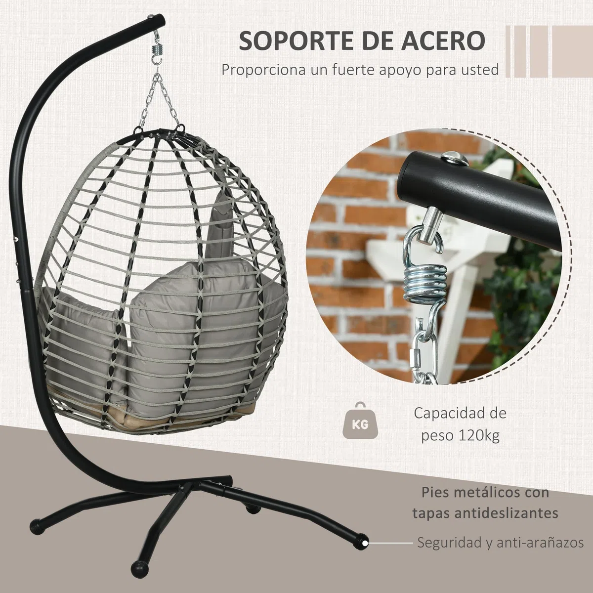 Outsunny Silla Colgante Huevo con Soporte Columpio de Jardín Exterior con Cesta Plegable Reposacabezas Cojín Bolsillo Lateral Columpio Colgante para Interior y Exterior Carga 120 kg Gris