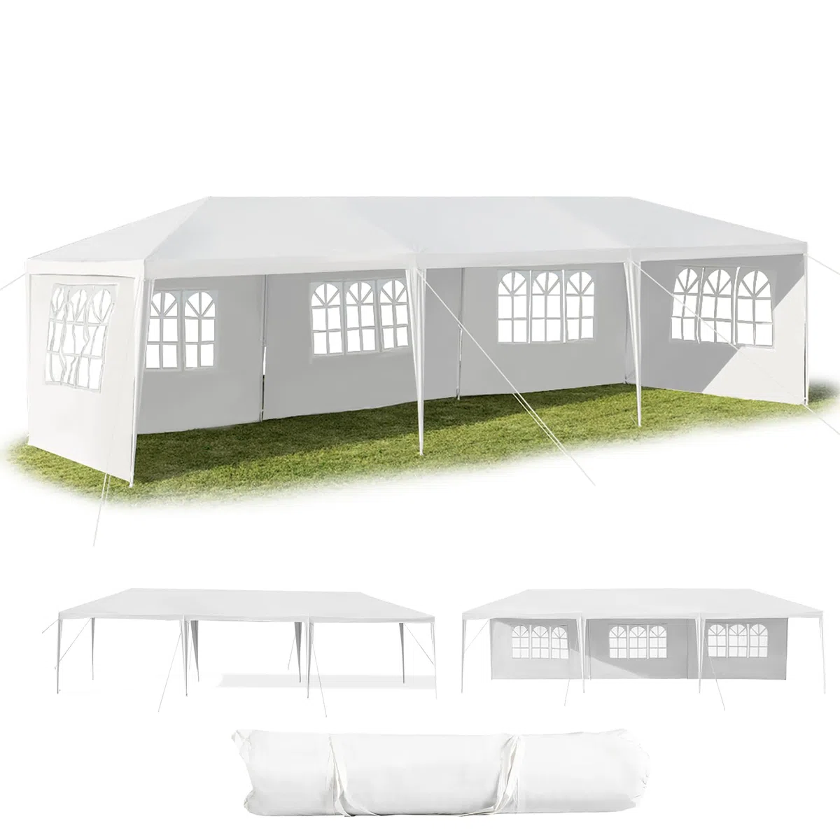 KOMFOTTEU Carpa Plegable 3 x 9 m, Cenador de Jardín con 5 Paredes Laterales Extraíbles y Ventanas, Carpa para Fiesta con Protección UV, Tienda Portátil para Eventos, Bodas, Blanco (3 x 9 m, 5 Paredes)