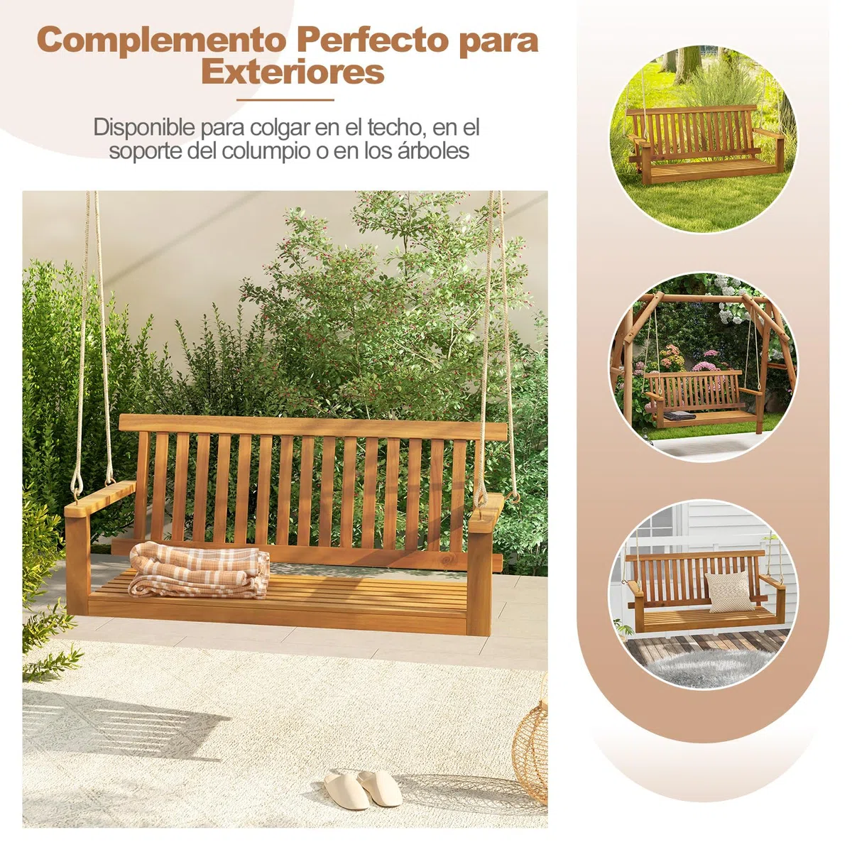 COSTWAY Banco Columpio Madera Acacia Exterior, 2 Plazas, Banco Balancin Jardin Exterior, Carga 360kg, Apoyabrazos y Respaldo, Columpio Jardin Exterior Patio Balcón