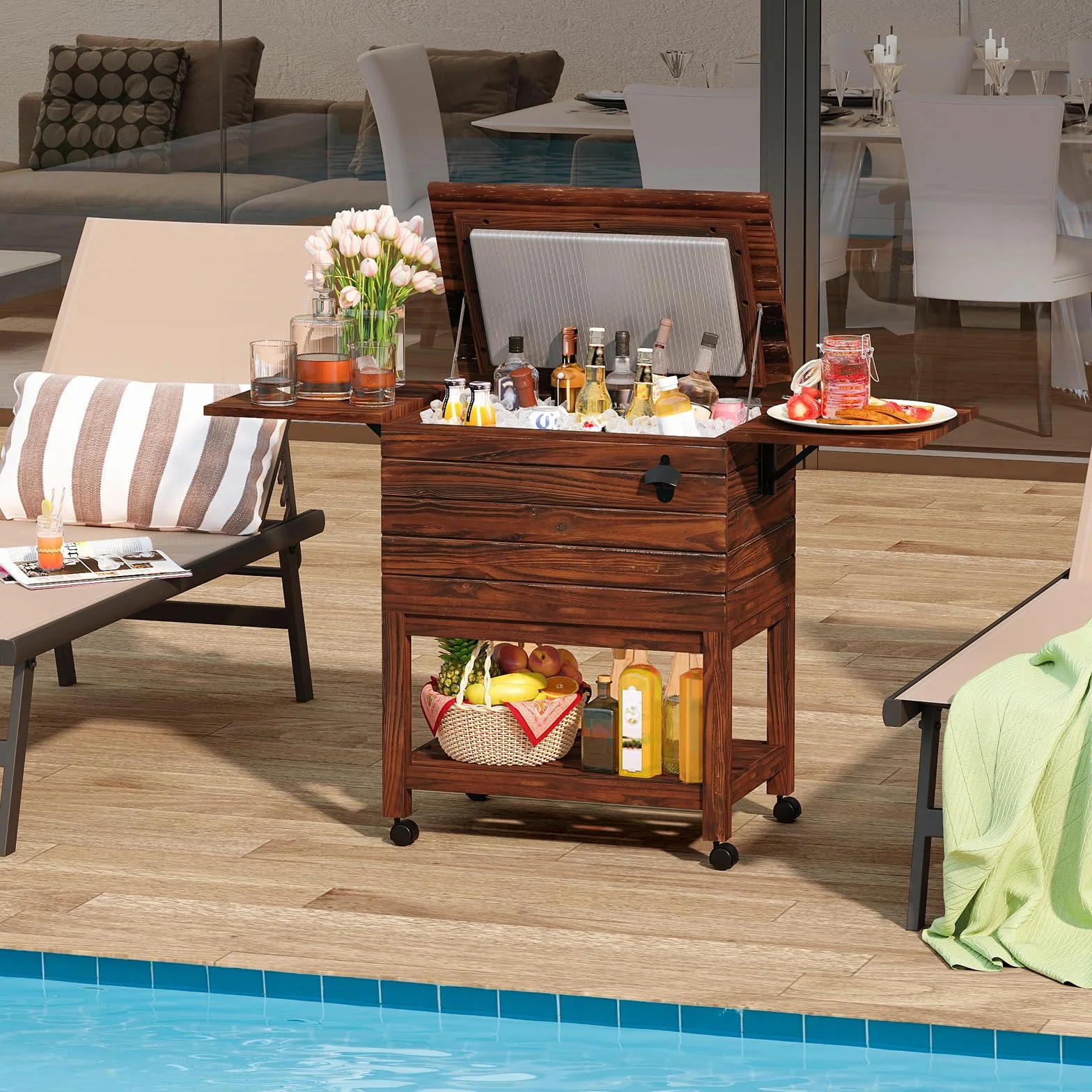 GOPLUS Nevera de 50 L Portatil con Ruedas, Mesa Nevera Jardin Exterior, Estante Inferior y Abrebotellas para Exteriores, Carro Enfriador Móvil para Jardin, Piscina y Barbacoa