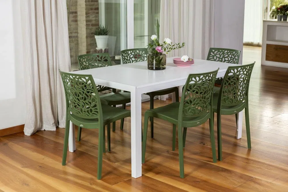 Sillas de resina moderna apilables de polipropileno con fibra de vidrio, para interior, cocina o comedor, exterior y jardín, sillas de restaurante y contract - Anna (6 Sillas, Verde oliva)