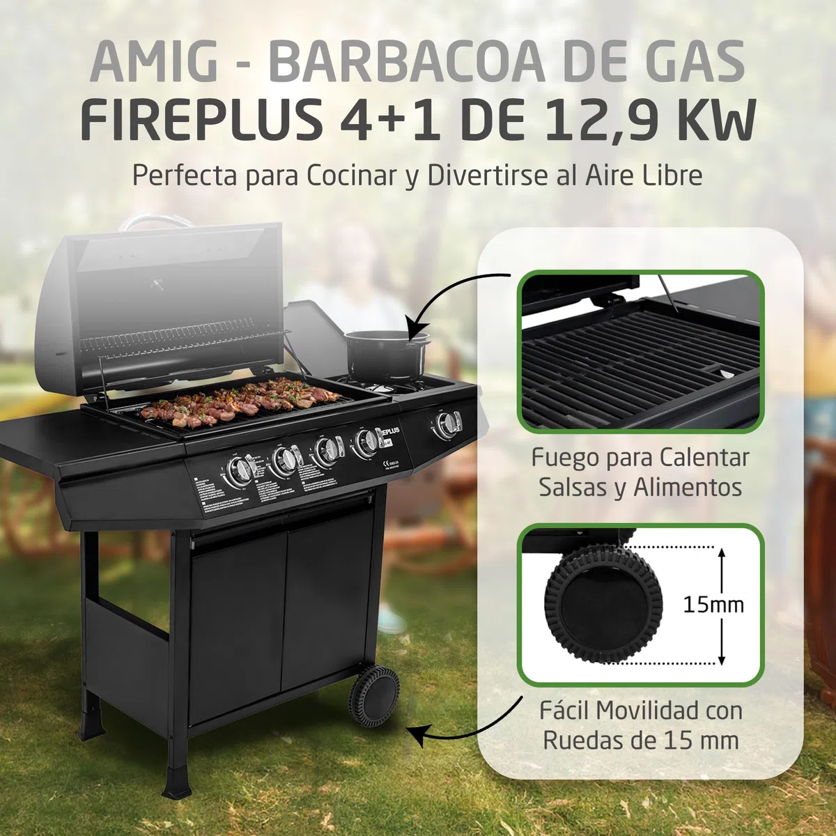Amig - Barbacoa de gas Fireplus 4+1 de 9,3 kW - Acero inoxidable Negro - Parrilla con ruedas Modelo GRILL-4F - Barbacoa XXL con carro y termómetro - 126x52x103 cm - 5 quemadores y Bandeja lateral