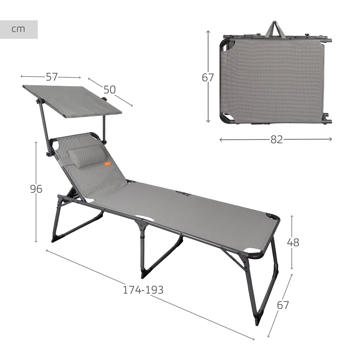 AKTIVE 62613 - Tumbona plegable de playa con parasol, Tumbona de playa con cojín, 193x67x48/96 cm, altura del asiento 48 cm, color gris, tumbona plegable, 5 posiciones, peso máx 100 kg