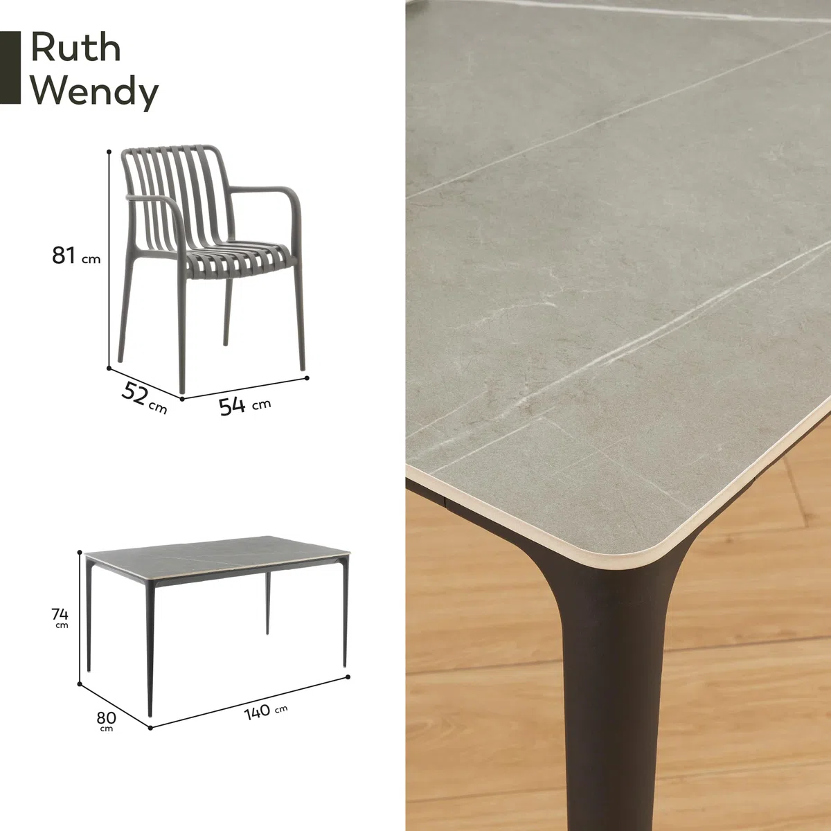 Conjunto de Mesa y 4 sillas Ruth Wendy - Mesa de cerámica sinterizada de 140 x 80 cm con sillas de Polipropileno, diseño Elegante y Moderno, fácil de Limpiar, para Interiores y Exteriores