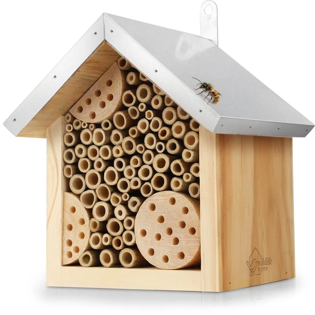 WILDLIFE HOME Hotel de abejas con techo de metal, hotel de insectos de abejas silvestres, ya montado de madera de pino y 100% resistente a la intemperie, sin tratar, hotel de insectos, ayuda para