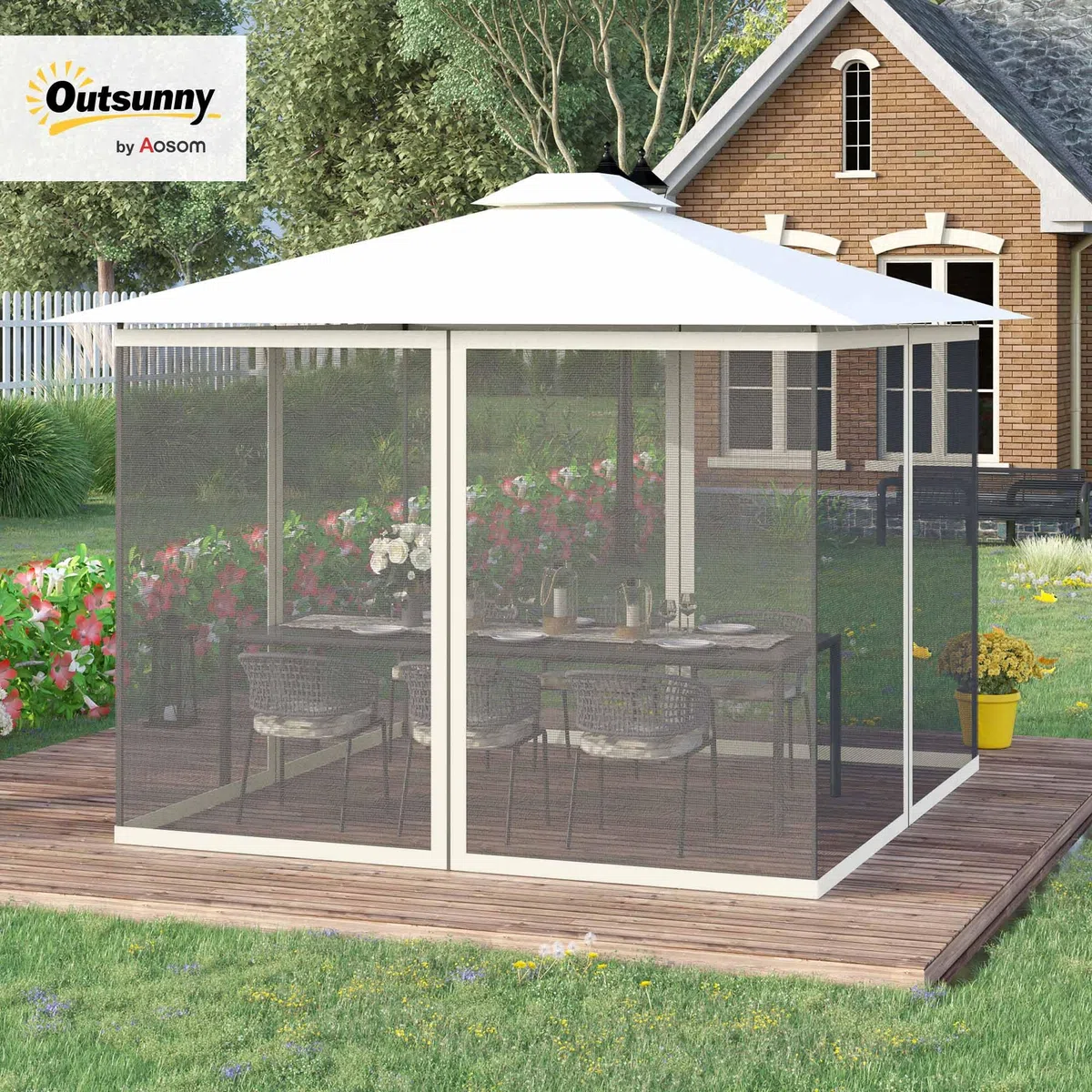 Outsunny Mosquiteras para cenador barnum 3 x 4 m - Set de 4 mosquiteras con Cremallera + Ganchos de fijación - poliéster Nylon