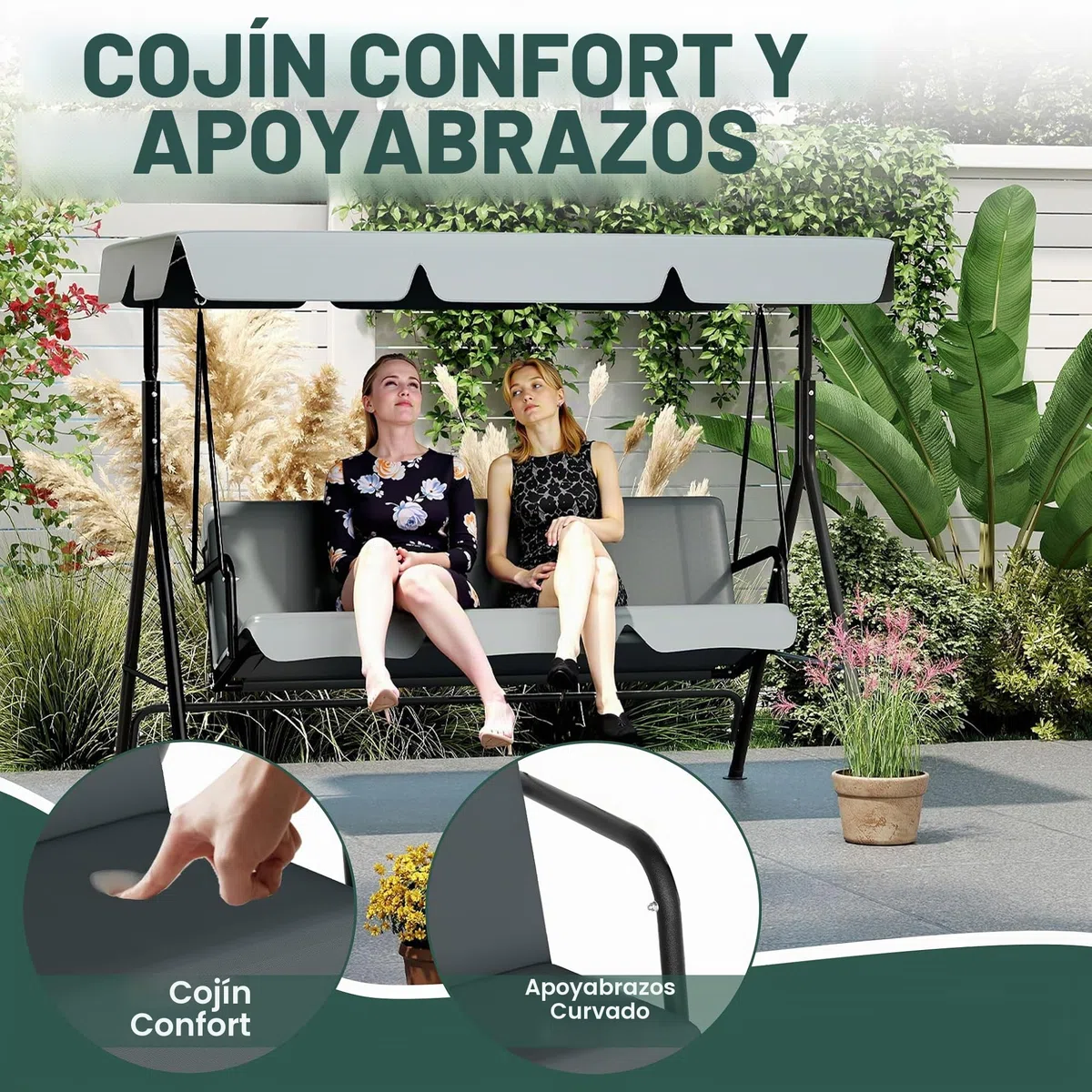 176x110x152cm columpio Hollywood de jardín con toldo y cojín de asiento y marco de acero, banco balancín de jardín de 3 plazas, capacidad de carga hasta 200KG, banco balancín tumbona de jardín