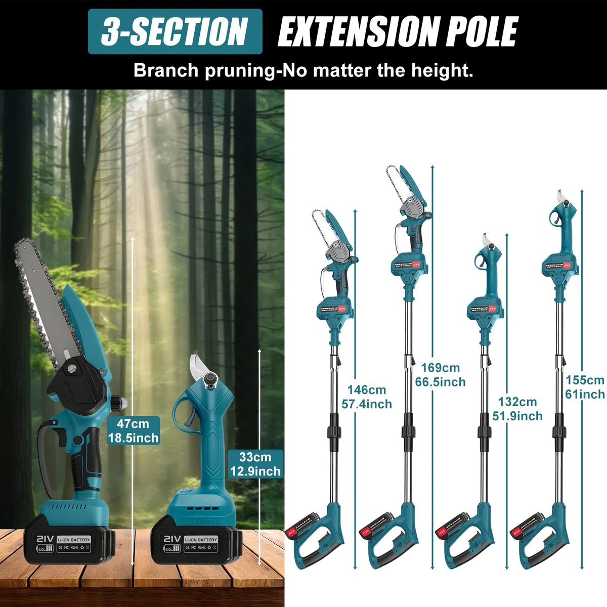 6 Pulgadas Mini Motosierra Telescopica & 25 mm Tijeras de Podar Eléctricas, 4 en 1 Kit de Herramientas de Jardín con 2 * 3000 mAh Baterías, Altura Ajustable 4.2m, Para Jardín y Huerto (Con batería)