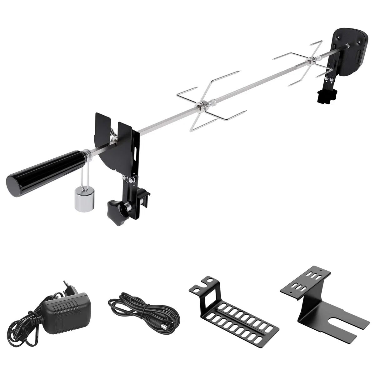 Asador Giratorio Electrico con 2 Agujas de Carne y Motor, Alimentado pour Cable USB y Adaptador, Pincho Asador pour Parrillas de Gas, Carros de Parrilla, Longitud Ajustable 69-137 cm