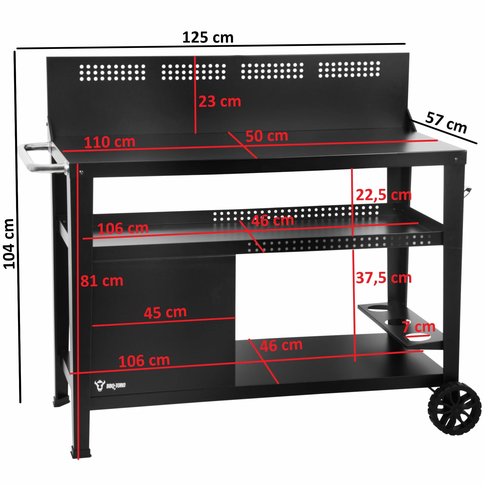BBQ-Toro Carro Parrilla 125 x 57 x 104 cm | Negro | Mesa Grill con Gran Superficie Trabajo | Mesa Auxiliar BBQ con Paraviento | Trolley Exterior | Carro Servicio con Estante