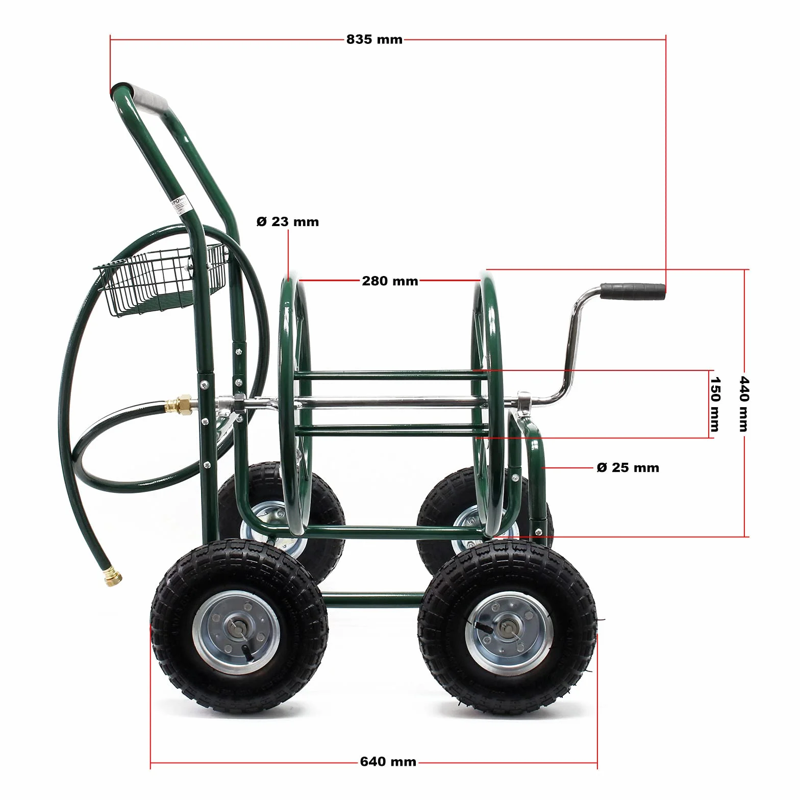 Wiltec Carro para Manguera de jardín de 16 mm (5/8") hasta 76m con neumático Ø 25 cm y conexión de 19mm (3/4") enrollador de Manguera Carrito portamangueras Carrete portamangueras