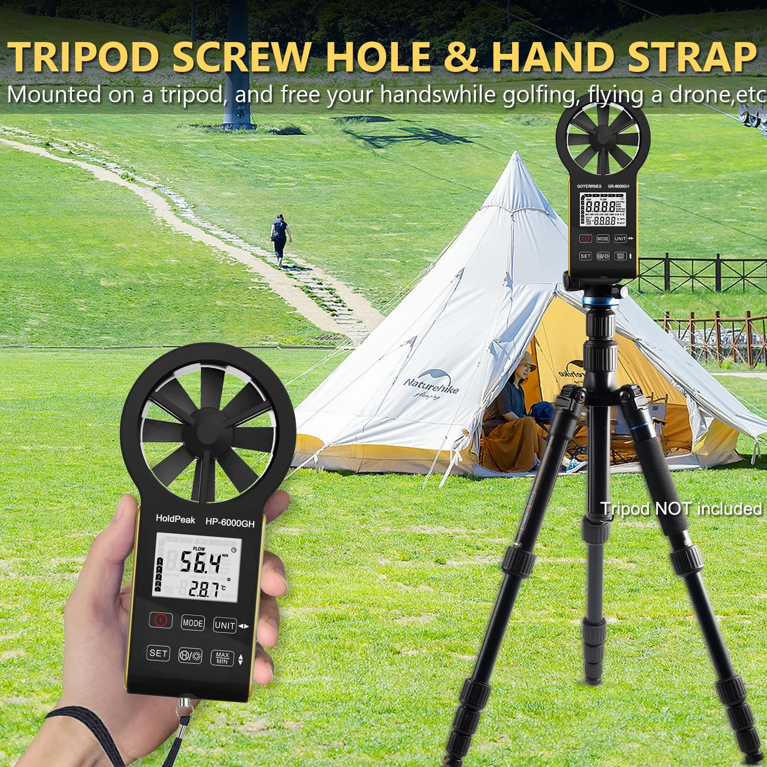 HOLDPEAK Anemómetro Digital VMC Medición de la Velocidad del Viento Temperatura USB C Pantalla LCD Retroiluminada Anemómetro Portátil Exterior Kitesurf