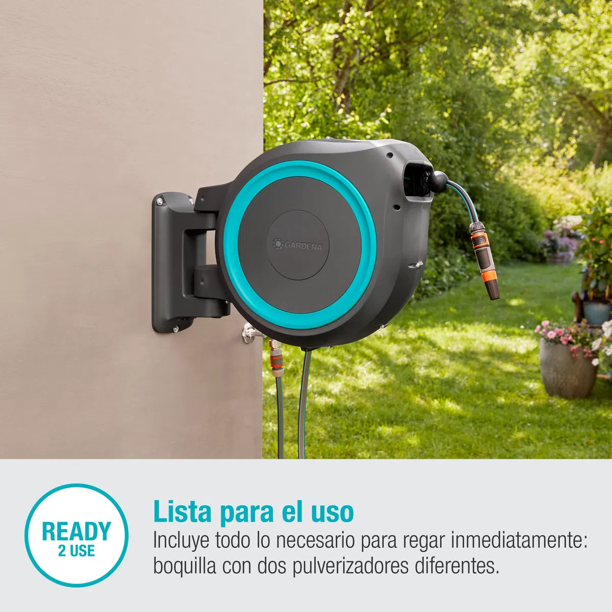 Gardena Carrete de Manguera para Pared Rollup M/L (Turquesa) de 25 M: Riego Flexible Jardines Grandes/Medianos, Carrete Giratorio, Incluye Manguera Calidad Gardena 25M y Auxiliar de Montaje (18620-20)