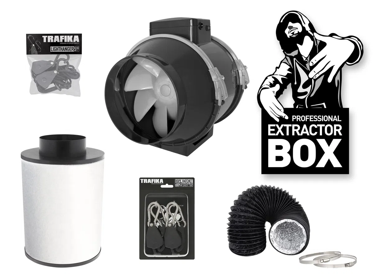 TRAFIKA Kit Extractor Cultivo 100mm/250m3h Filtro CARBÓN+Extractor DE Aire TT100 (2 velocidades)+5M COMBIDUCT+LIGHTHANGERS (5KG)+POLEAS (64KG) / Kit EXTRACCIÓN Cultivo/Extractor Aire Cultivo