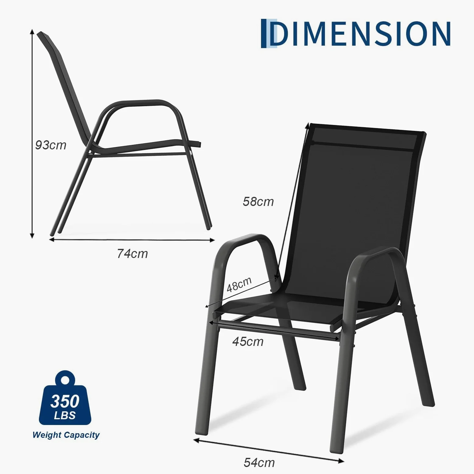 Litake Conjunto Sillas Jardin Exterior, 4 Sillas De Comedor para Exterior Metálicas, Soporte hasta 150 kg, Pintura Anticorrosiva, Tela Doble, Transpirables, Apilables, Estilo Clásico Sencillo,Negro