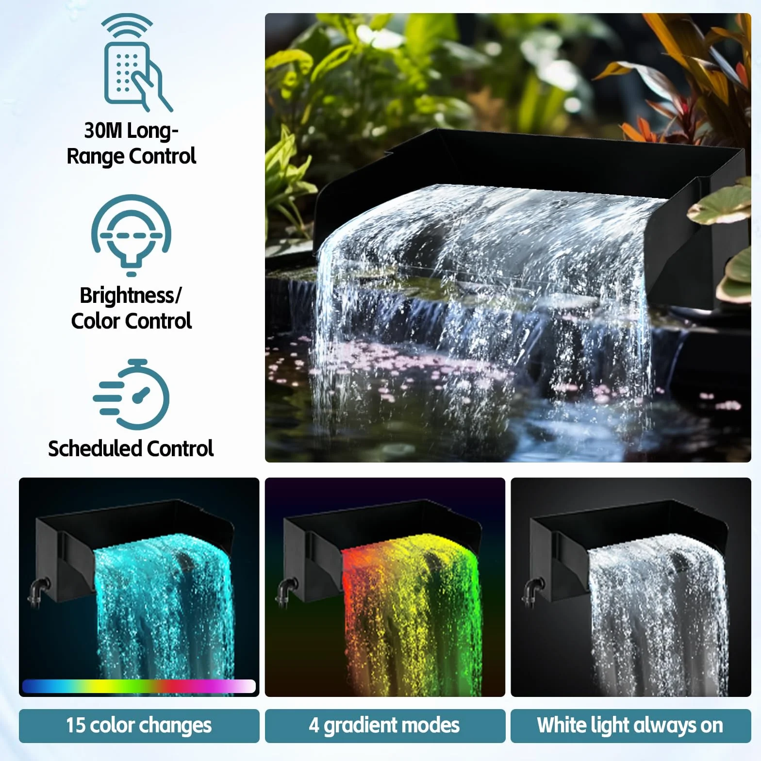 Estanque cascada Spillway de 30 cm, color negro, acero inoxidable, filtro para estanque de jardín, estanque, 30 cm, 45 W, 3000 L/H, con bomba y luz LED para juego de agua, patio, terraza, pared de