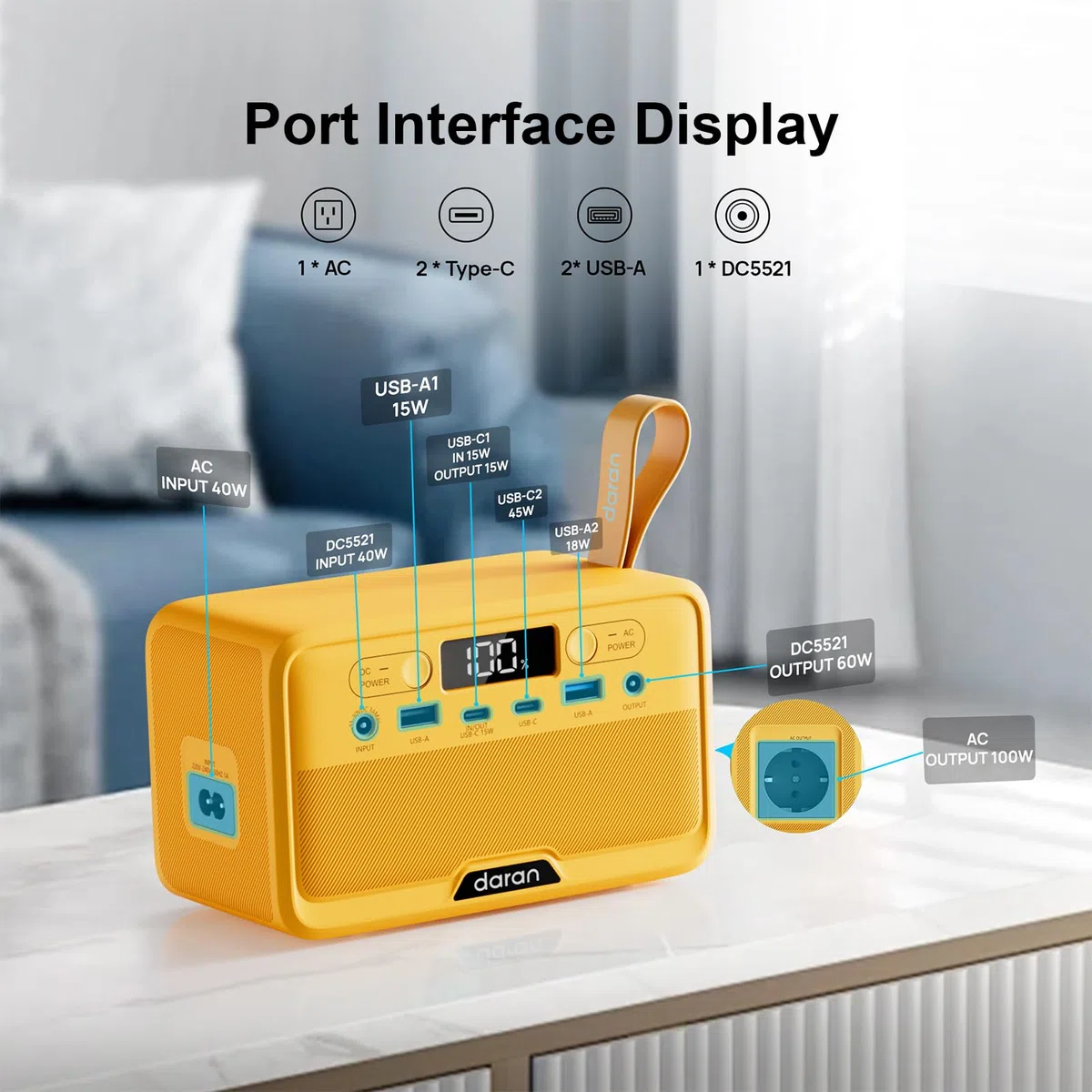 Estación de Energía Portátil89.6Wh Batería LiFePO 100W (200 Pico) Power Bank Solar, Cargador Port Generador Pequeño Salidas AC y Carga Rápida PD para Hogar/Portátilamping. Amarillo