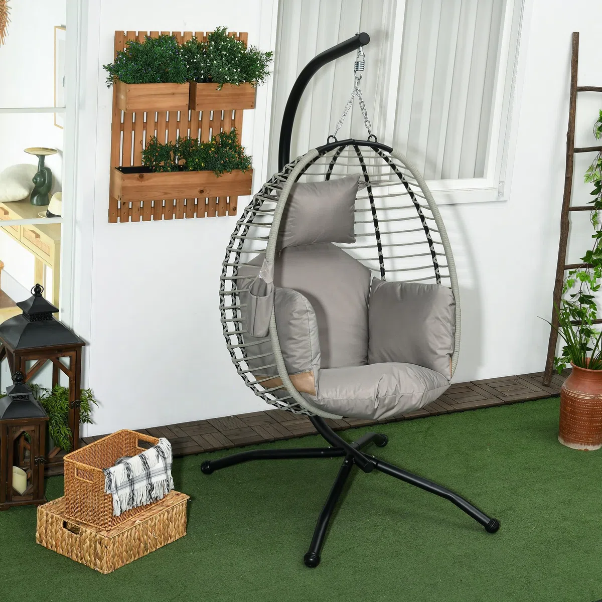Outsunny Silla Colgante Huevo con Soporte Columpio de Jardín Exterior con Cesta Plegable Reposacabezas Cojín Bolsillo Lateral Columpio Colgante para Interior y Exterior Carga 120 kg Gris