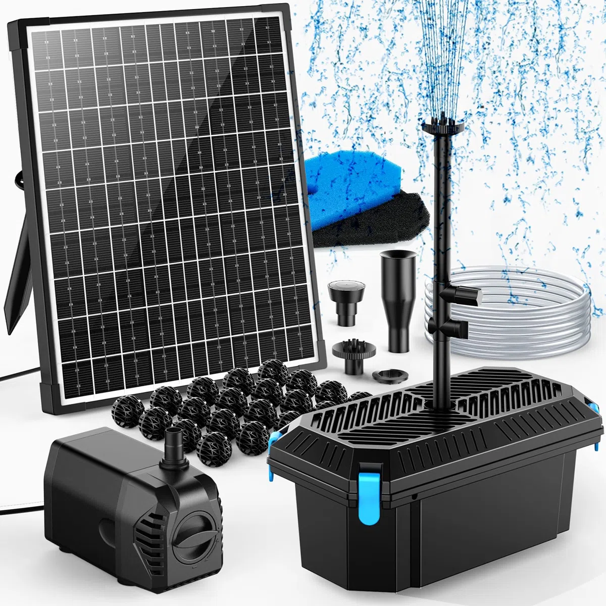 POPOSOAP Filtro solar para estanque de 20 W con bomba de fuente, juego completo de filtración de estanques y fuentes solares para pequeños estanques de jardín, acuarios y juegos de agua