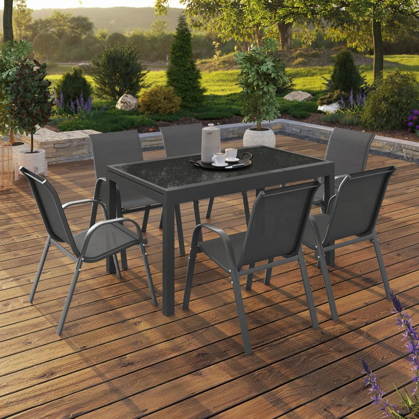 IDMarket - Muebles de jardín Madrid, extensible, mesa gris, 135-270 cm y 12 sillas apilables, gris antracita