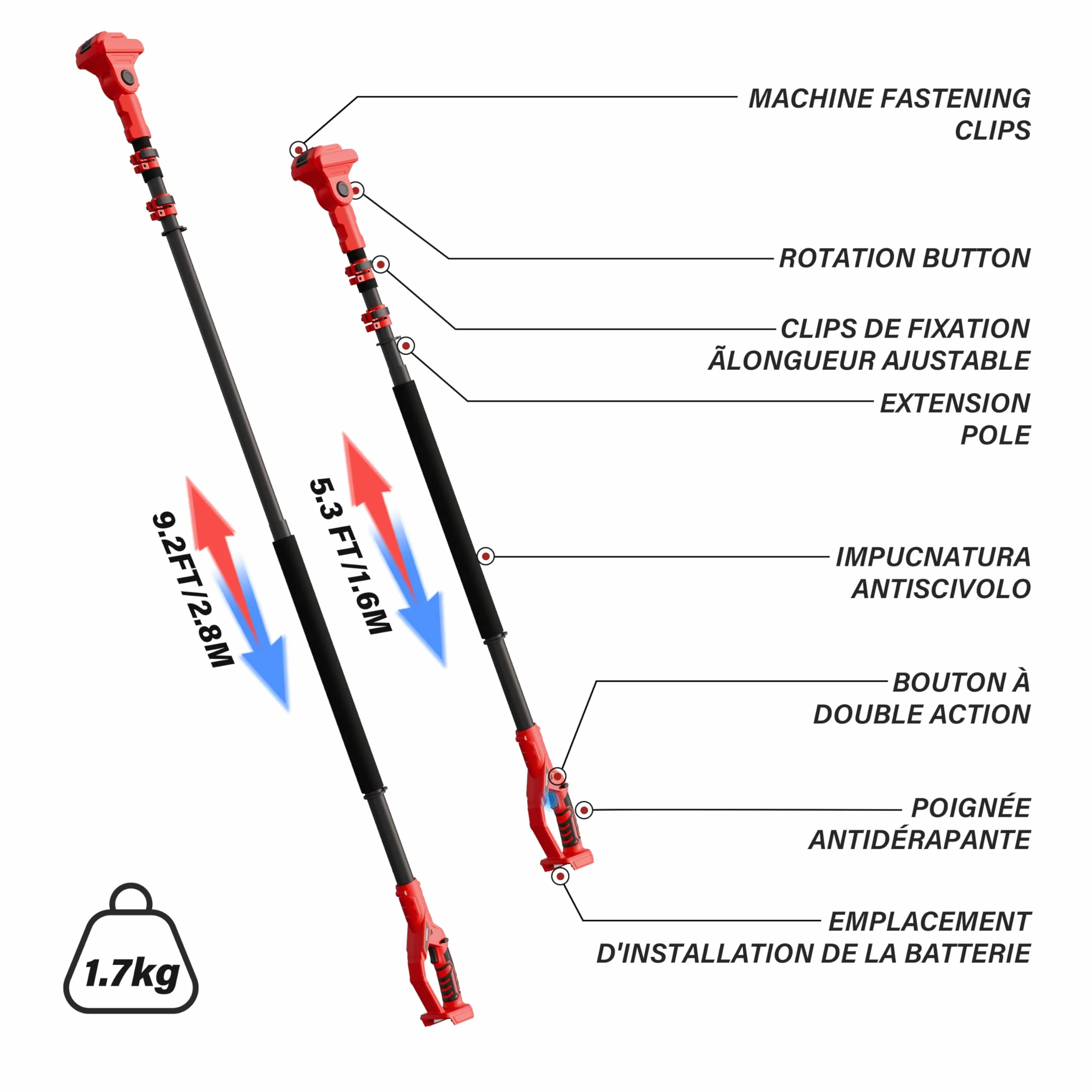 Percha telescópica de poda TEENO, longitud de 1,6 m a 2,8 m, equipada con interfaz Makita Compatible con mini motosierras eléctricas y tijeras de podar, con un enchufe de tres pines