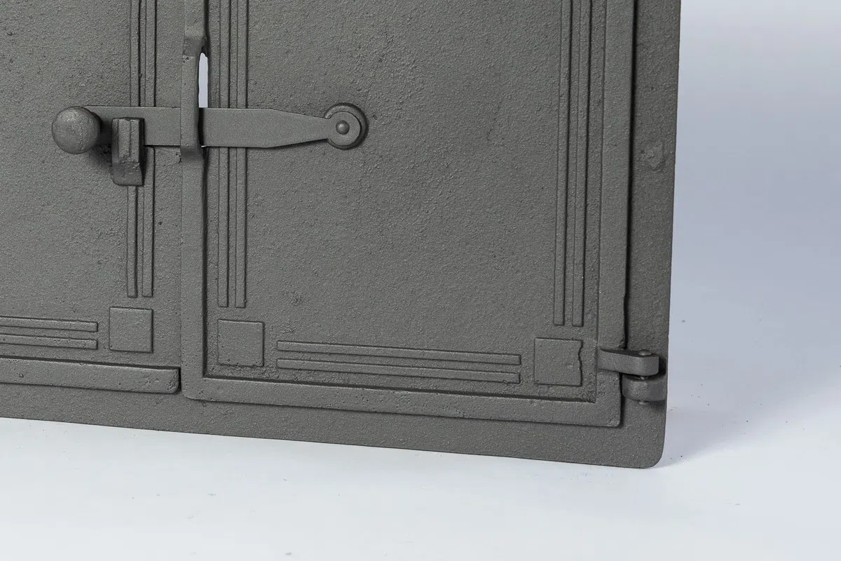 Sezam, Puerta de horno de hierro fundido, puerta doble para horno de pizza de 48 x 32,5 cm, con termómetro de 500 C, horno de pan, cocina de jardín y cámara de ahumado, color grafito
