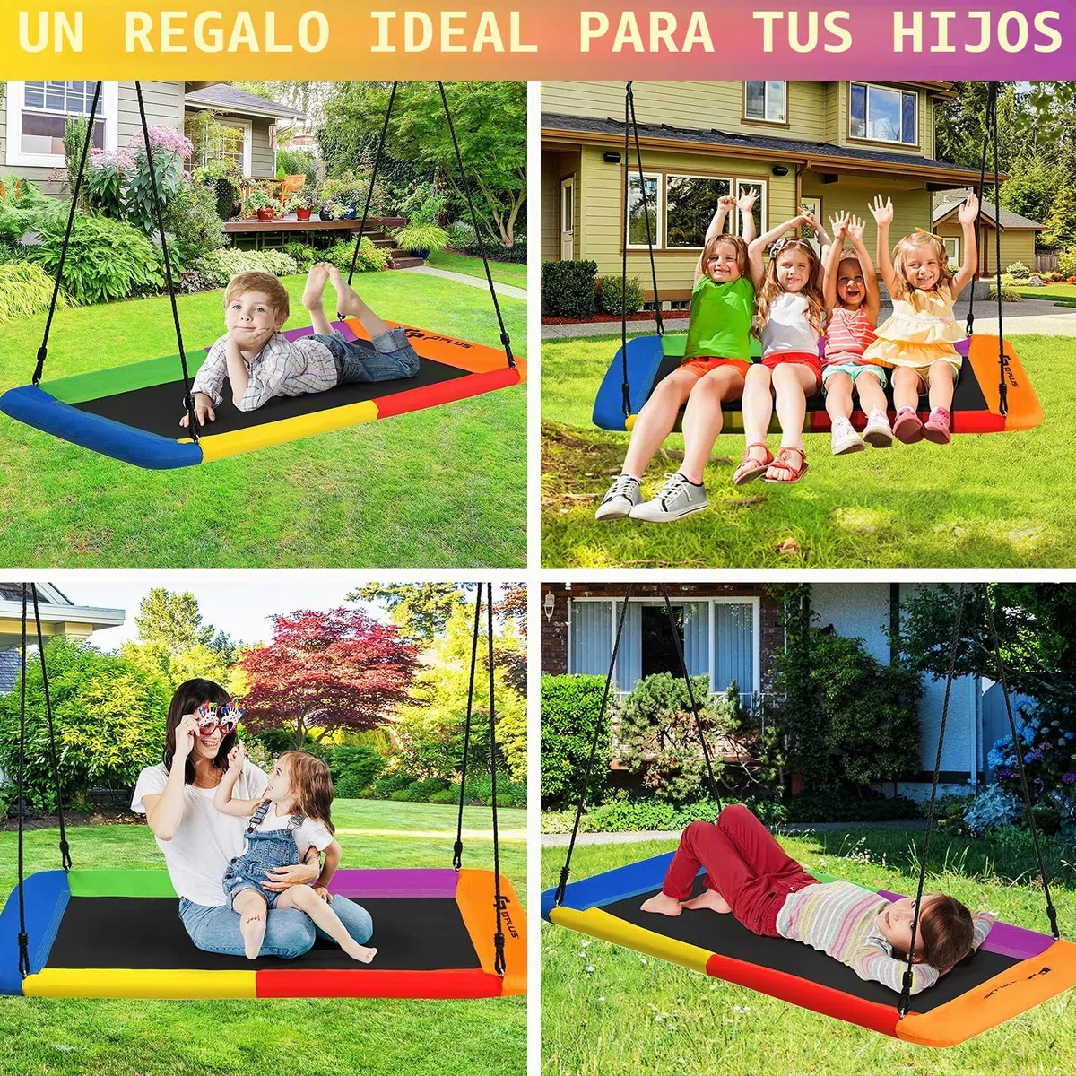 GOPLUS Columpio Rectangular Suspendido al Aire Libre, Nido de Pájaro de Cuerdas Ajustables 100-180CM, Asiento Suspendido al Aire Libre para Niños, hasta 315 KG,150 x 80CM (Multicolor)
