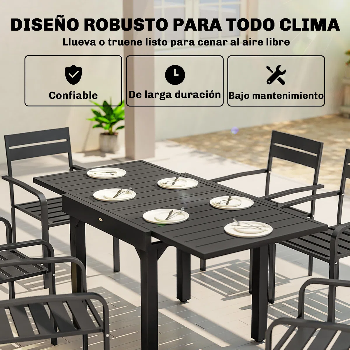 Outsunny Mesa de Jardín Extensible, Mesa de Comedor Exterior Extensible 80/160x80 cm, de Aluminio, con Superficie de Lamas, Carga 70 kg, Mesita Rectangular para 4-6 Personas, para Patio Terraza, Negro