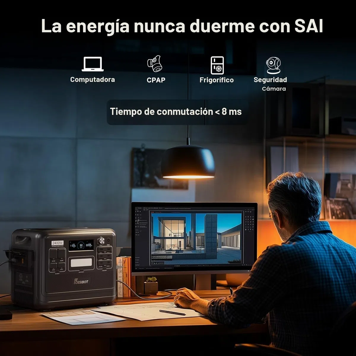 Estación de Energía Solar Portátil FOSSiBOT F2400, 2048Wh Batería LiFePO4, 2400W (4800W Pico), Carga Rápida en 1.5h, 3 Tomas CA, UPS, para Cortes de Luz, Camping y Autocaravana