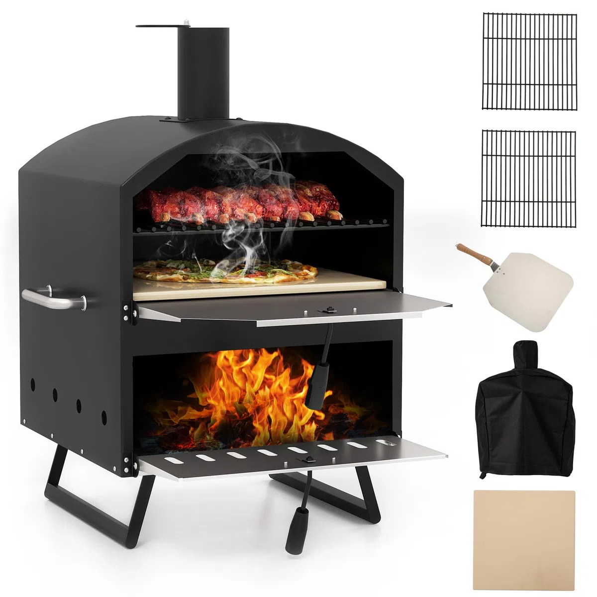 GOPLUS Horno de Pizza 16 Pulgadas Exterior, Horno de Pizza de Leña de 2 Capas con Piedra, Pala y Rejillas para Parrilla, Portátil con Patas Plegables y Cubierta, para Camping, BBQ, 61 x 53 x 83 cm